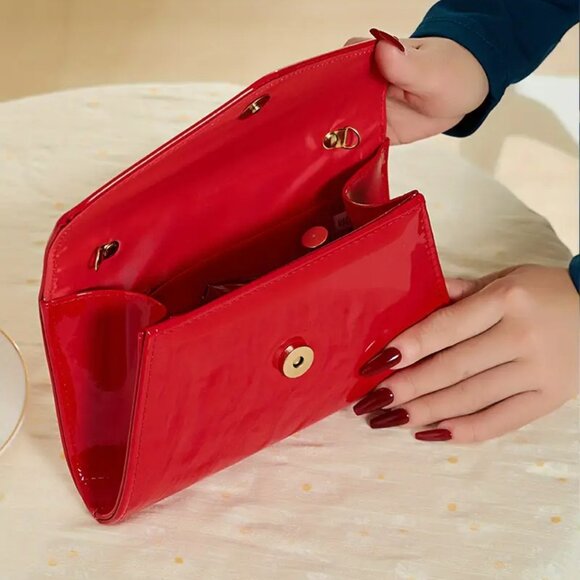 Elegant RED Patent Leather Clutch Purse - Evening Bag with Chain for Women - Picture 4 of 9